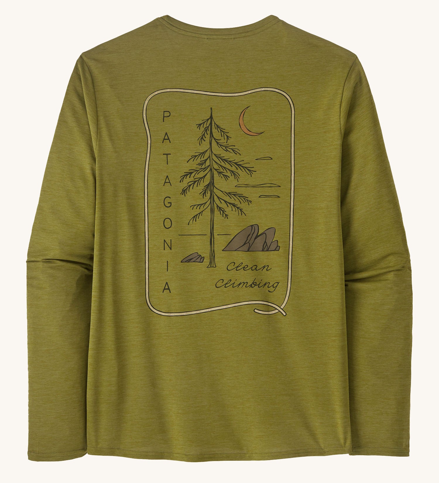 Patagonia Men's Long-Sleeved Capilene Cool Daily Graphic Shirt - Clean Climb Roots / Graze Green X-Dye on a plain background.