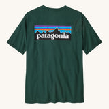 Patagonia men's logo responisbilli tee in cascade green. A short sleeve top in dark green with a large brand patch