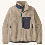 A Patagonia Men's Classic Retro-X Jacket in a Natural / Smolder Blue colour way on a plain background. 