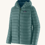 The Patagonia Men's Down Sweater Hoody Jacket in a Wetland Blue colour on a plain background. 