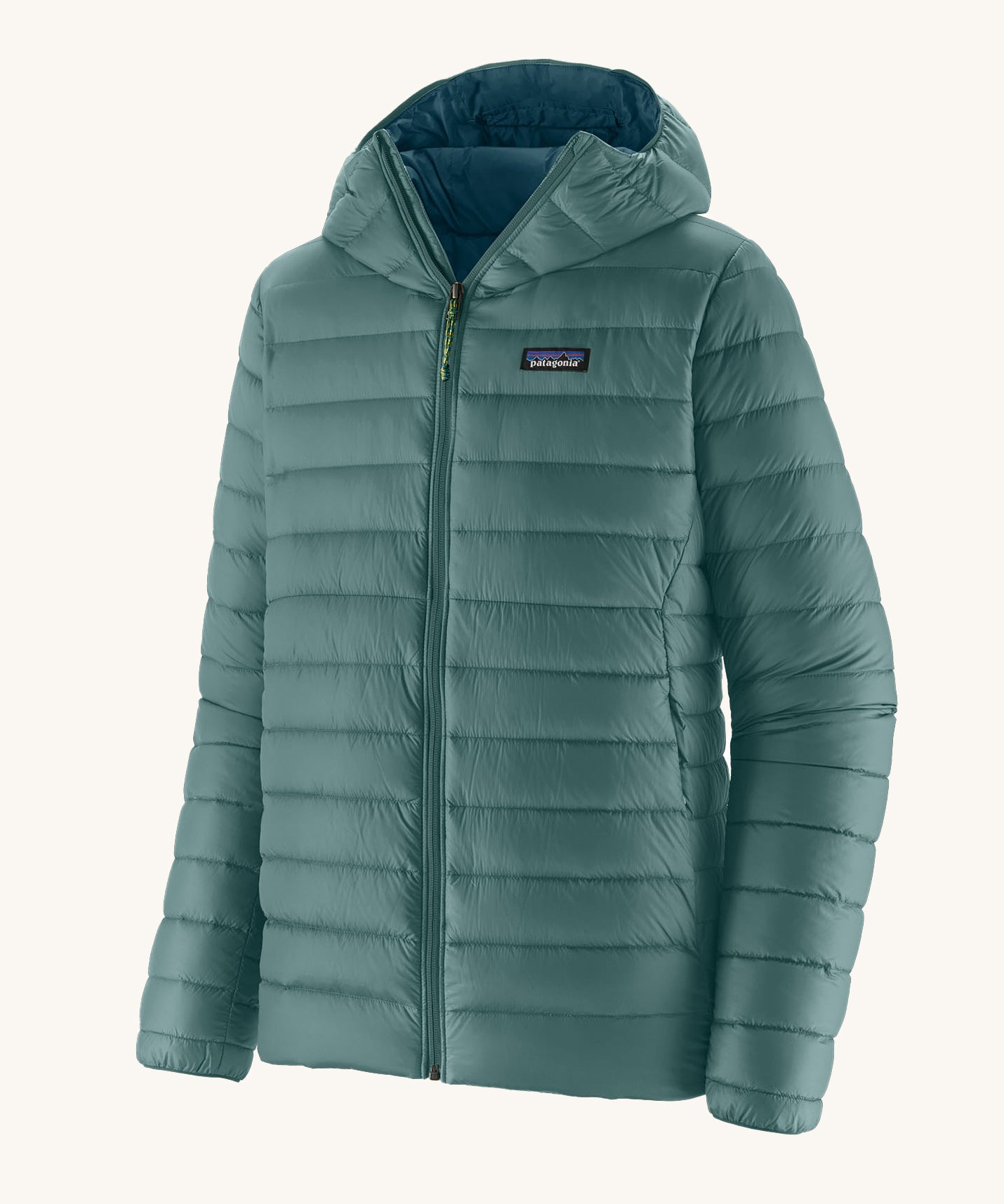 The Patagonia Men's Down Sweater Hoody Jacket in a Wetland Blue colour on a plain background. 