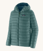 The Patagonia Men's Down Sweater Hoody Jacket in a Wetland Blue colour on a plain background. 