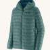 The Patagonia Men's Down Sweater Hoody Jacket in a Wetland Blue colour on a plain background. 