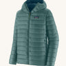 The Patagonia Men's Down Sweater Hoody Jacket in a Wetland Blue colour on a plain background. 
