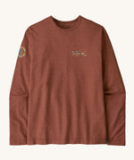 Patagonia men's unity fitz wildrise crew sweatshirt in dried vanilla. A lightweight long sleeve top in brown with brand logo on the chest and a patch on the right shoulder