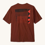 Patagonia mens driftways organic t-shirt. A cotton top in dark orange with a landscape and geometric patterns printed on the front.