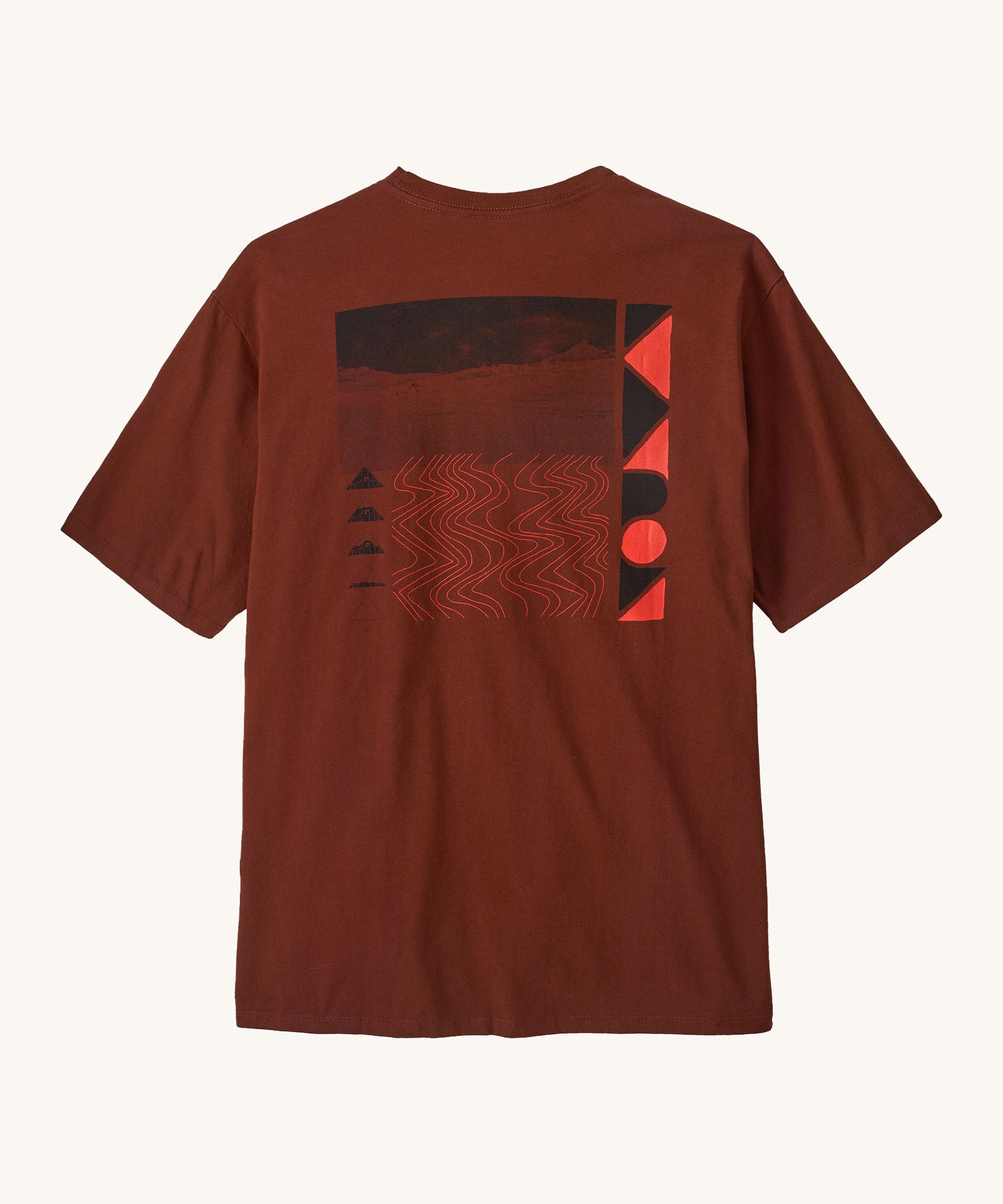 Patagonia mens driftways organic t-shirt. A cotton top in dark orange with a landscape and geometric patterns printed on the front.