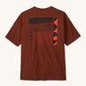 Patagonia mens driftways organic t-shirt. A cotton top in dark orange with a landscape and geometric patterns printed on the front.