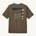 Patagonia mens driftways organic t-shirt. A cotton top in pale brown with a landscape and geometric patterns printed on the front.