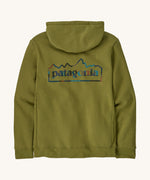 Patagonia unity Fitz mens hoodie in dark green and blue logo on the back on a cream background.