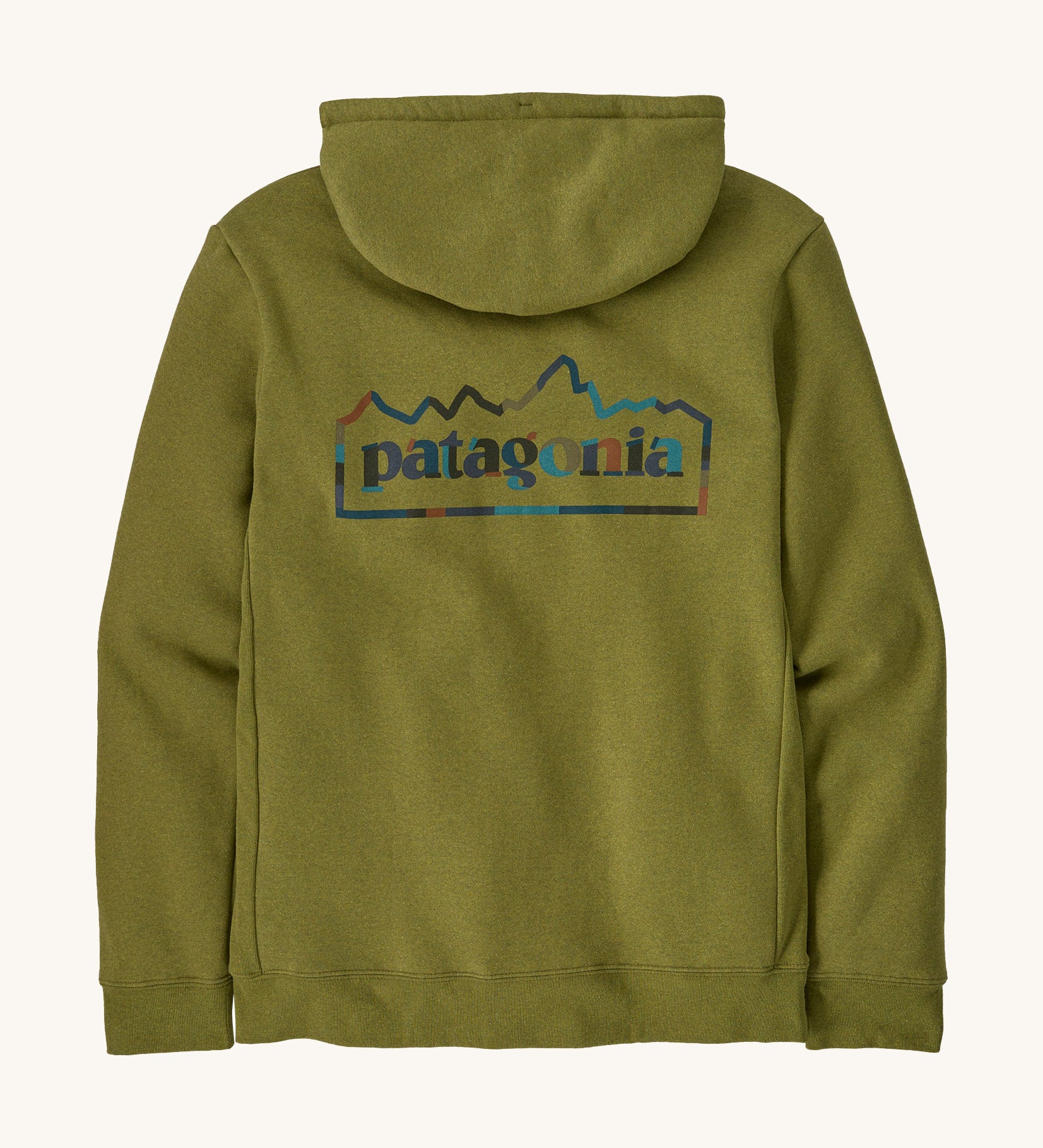 Patagonia unity Fitz mens hoodie in dark green and blue logo on the back on a cream background.
