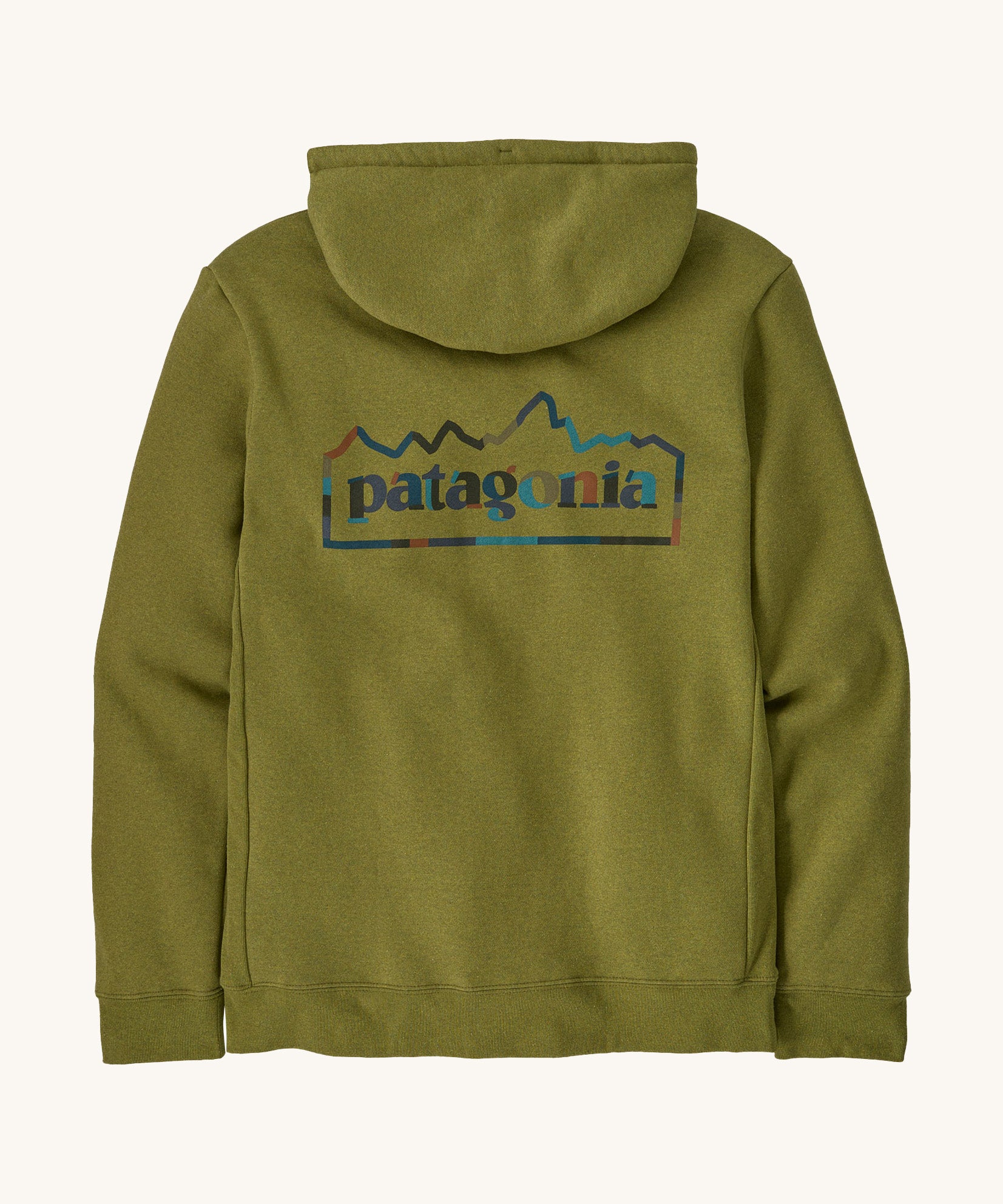 Patagonia unity Fitz mens hoodie in dark green and blue logo on the back on a cream background.