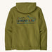 Patagonia unity Fitz mens hoodie in dark green and blue logo on the back on a cream background.