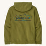 Patagonia unity Fitz mens hoodie in dark green and blue logo on the back on a cream background.