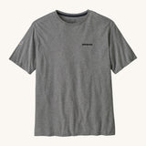 Patagonia men's fitz roy tee in gravel heather. A grey lightweight long sleeve top with brand logo on the front chest and a small icon patch on the right arm. 