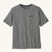 Patagonia men's fitz roy tee in gravel heather. A grey lightweight long sleeve top with brand logo on the front chest and a small icon patch on the right arm. 