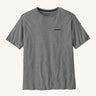 Patagonia men's fitz roy tee in gravel heather. A grey lightweight long sleeve top with brand logo on the front chest and a small icon patch on the right arm. 