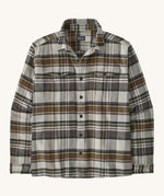 Patagonia men's fjord shirt. A long sleeve buttoned flannel style shirt in grey and brown colours, features 2 chest pockets and a logo patch stitched on the inside.
