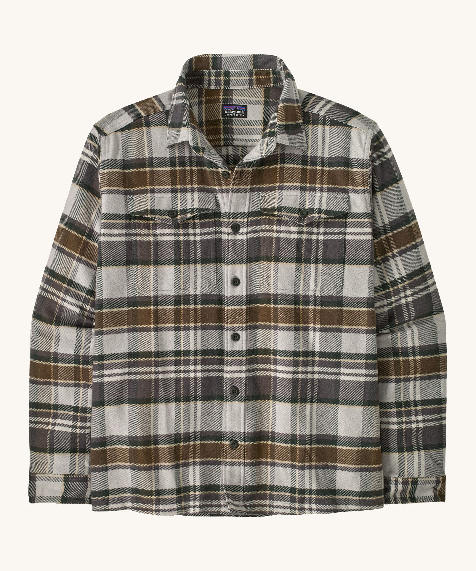 Patagonia men's fjord shirt. A long sleeve buttoned flannel style shirt in grey and brown colours, features 2 chest pockets and a logo patch stitched on the inside.