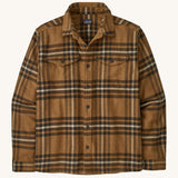 Patagonia men's fjord shirt. A long sleeve buttoned flannel style shirt in different shades of brown, features 2 chest pockets and a logo patch stitched on the inside.