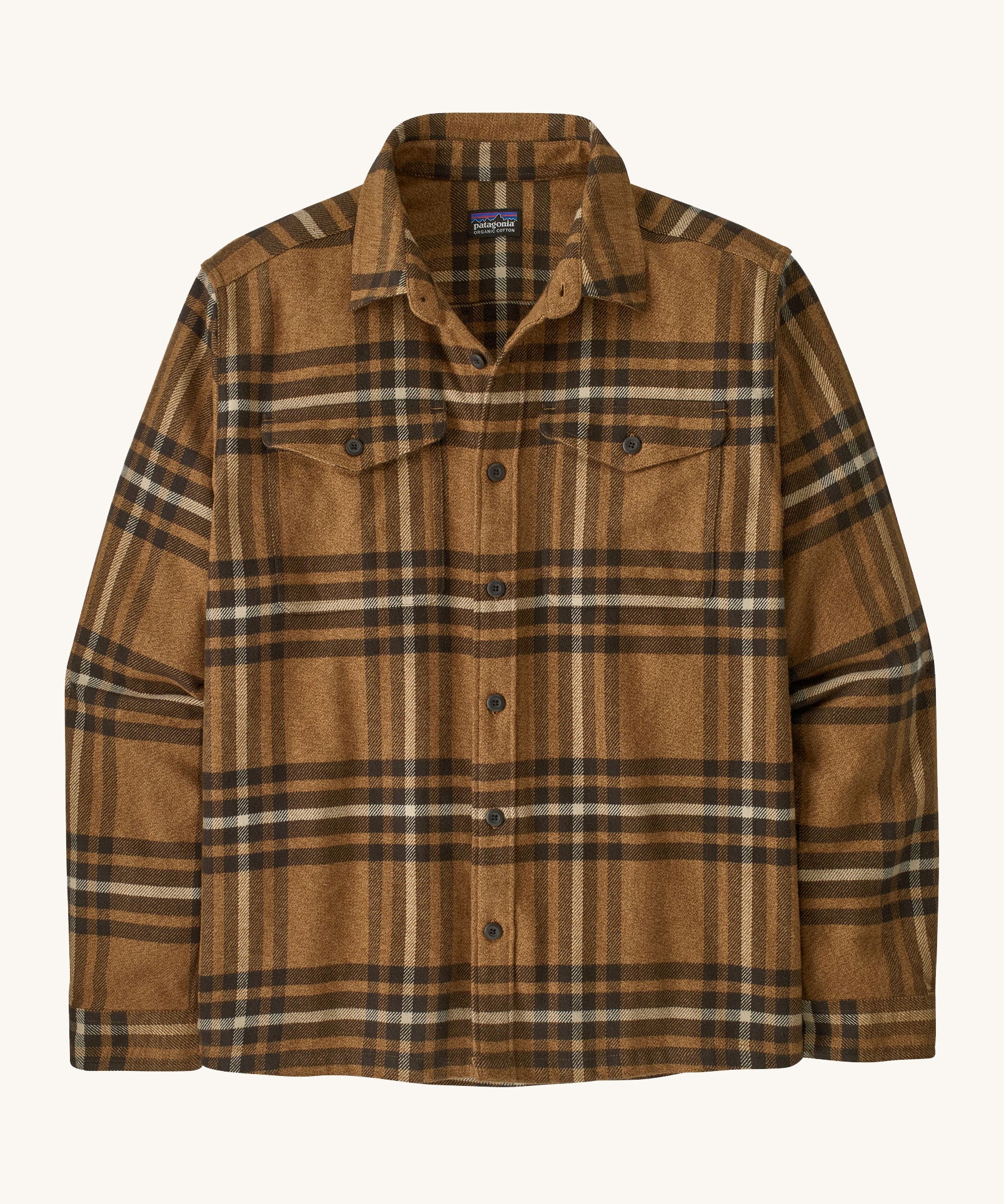 Patagonia men's fjord shirt. A long sleeve buttoned flannel style shirt in different shades of brown, features 2 chest pockets and a logo patch stitched on the inside.