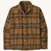 Patagonia men's fjord shirt. A long sleeve buttoned flannel style shirt in different shades of brown, features 2 chest pockets and a logo patch stitched on the inside.