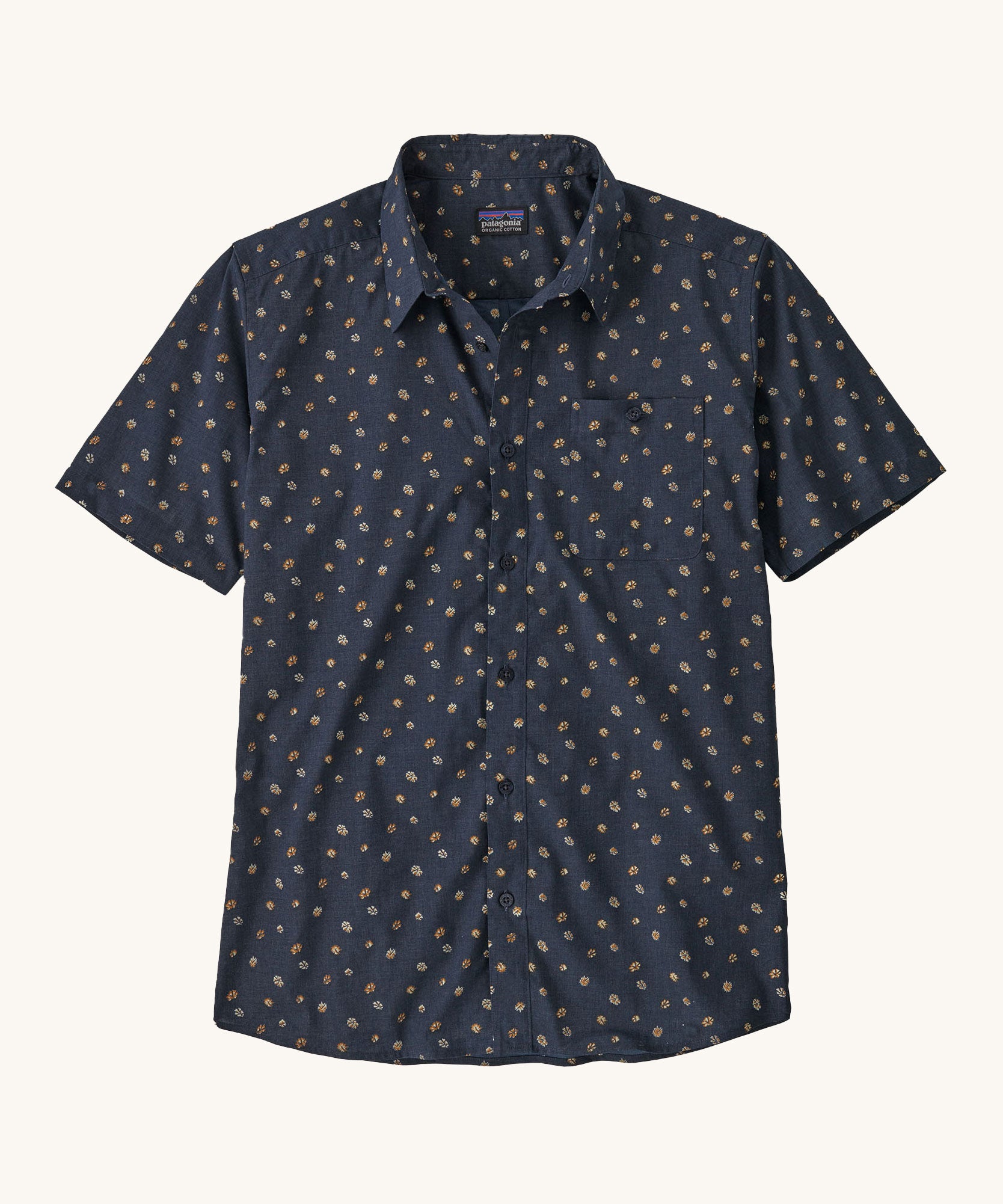The Patagonia Men's Go To Shirt with  a Blossoms / New Navy design on a plain background. 