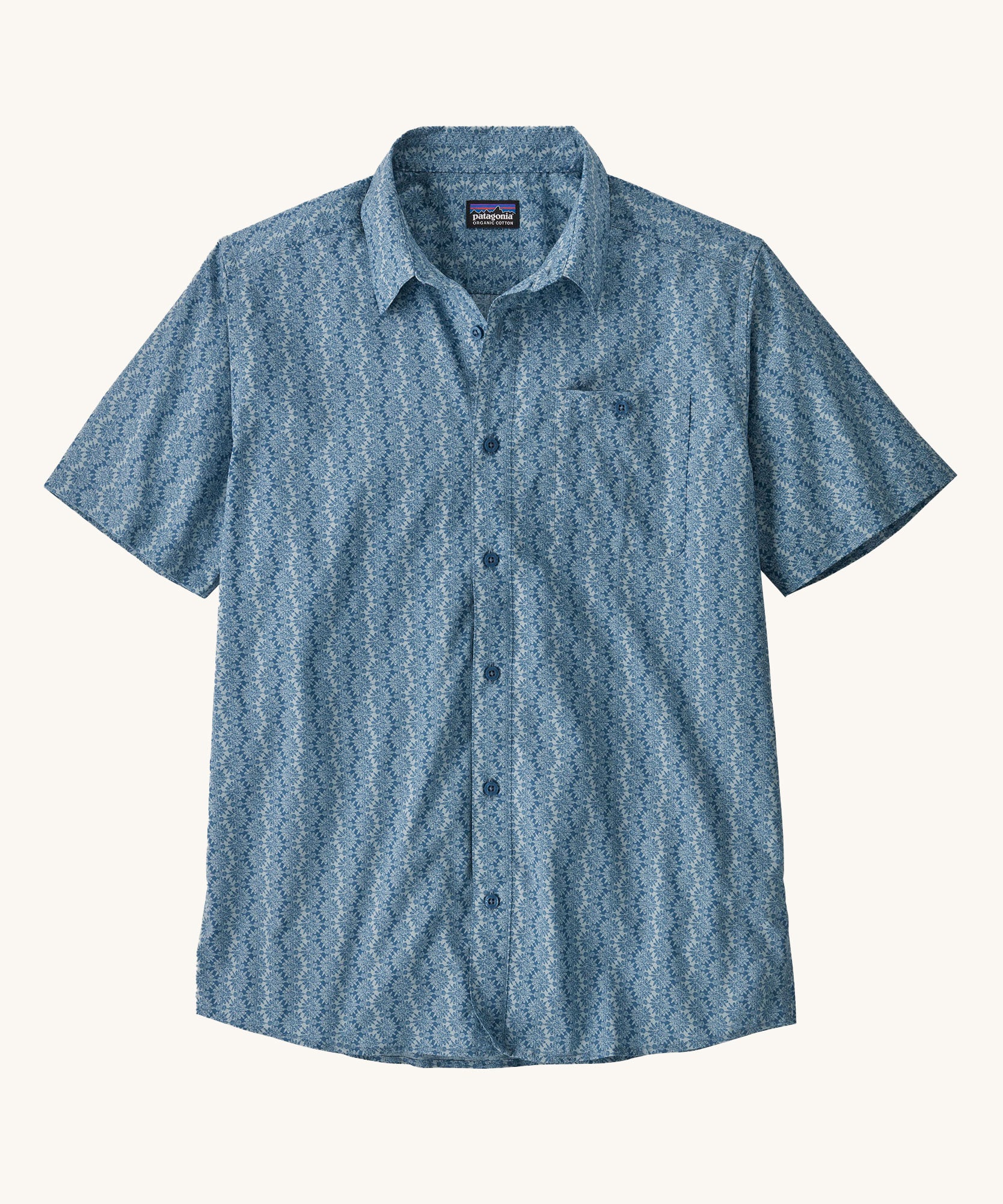 The Patagonia Men's Go To Shirt with a Kaleidoscope / Still Blue design on a plain background. 