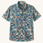 The Patagonia Men's Go To Shirt with a Swallowtail Geo / Still Blue design on a plain background.