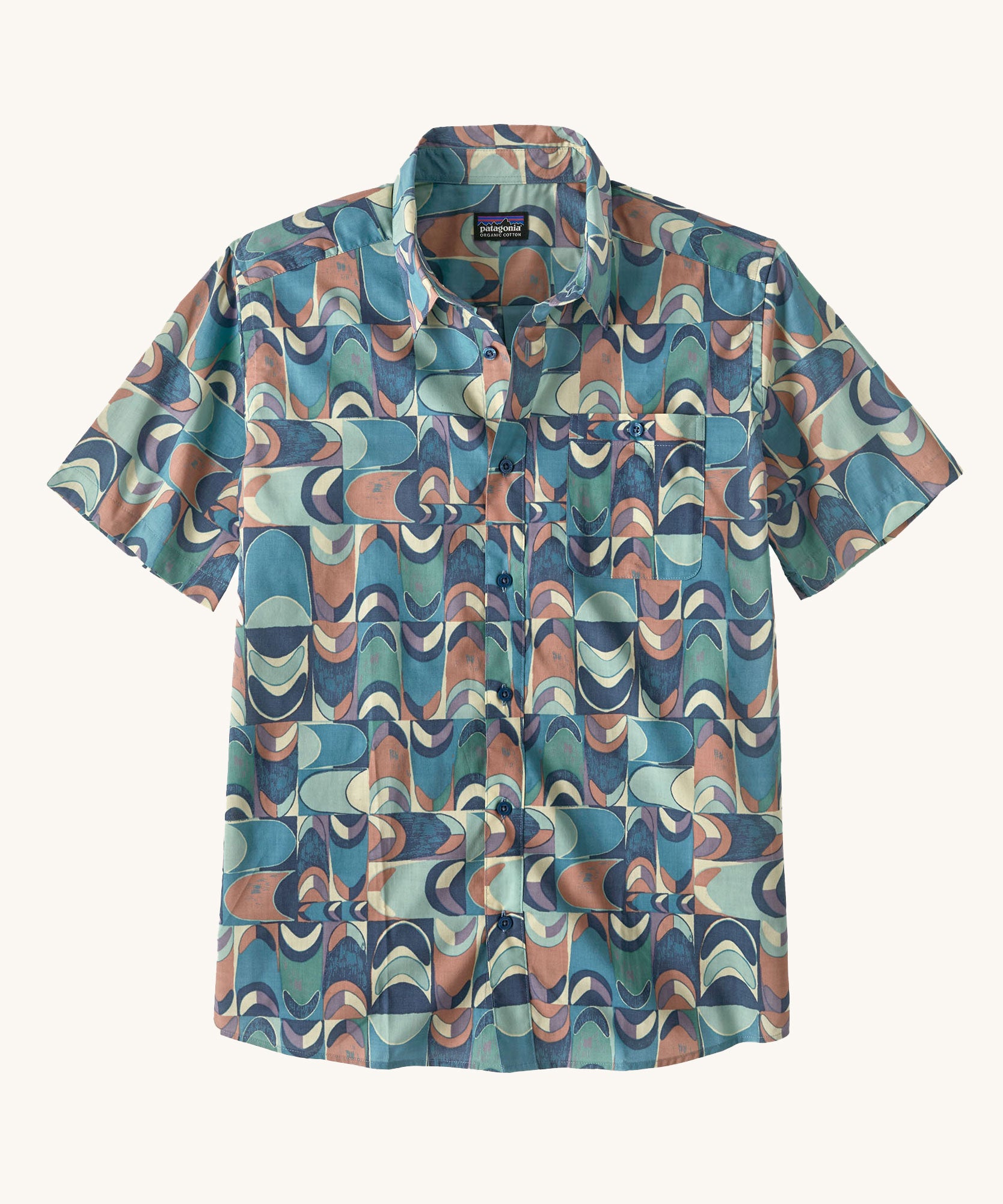 The Patagonia Men's Go To Shirt with a Swallowtail Geo / Still Blue design on a plain background.