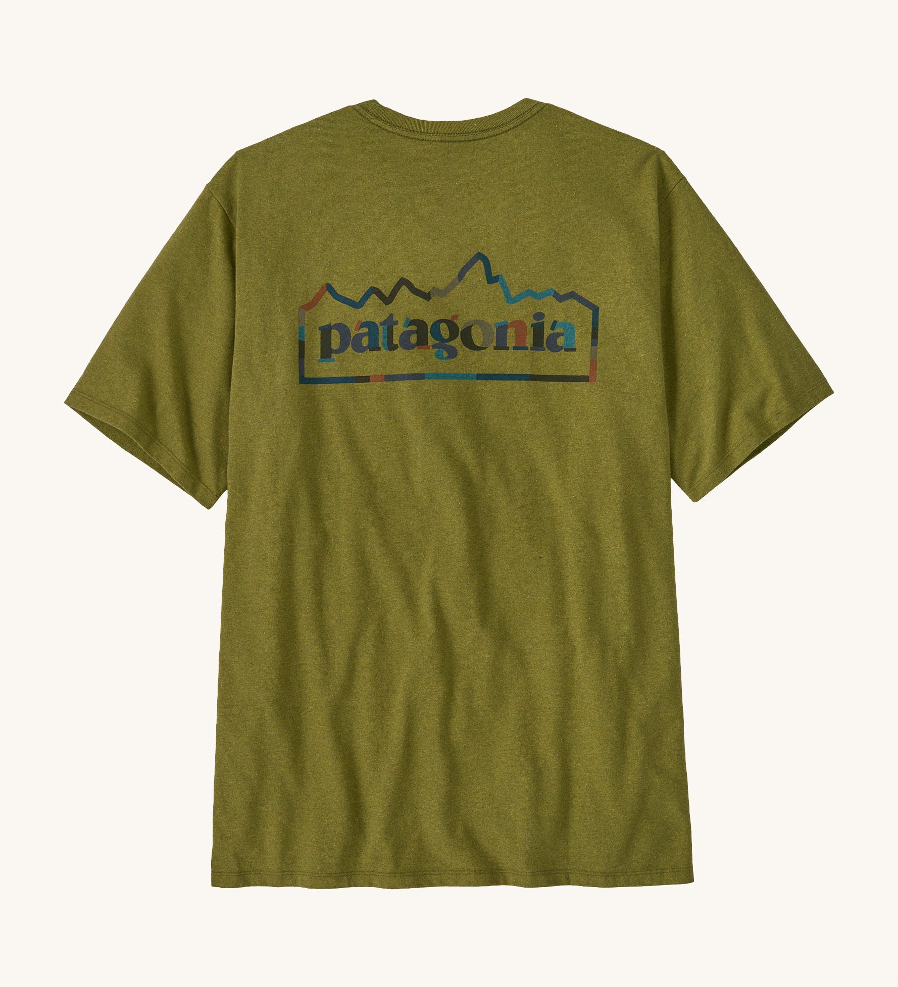 Patagonia men's unity fitz short sleeve top in a green colour on a cream background.