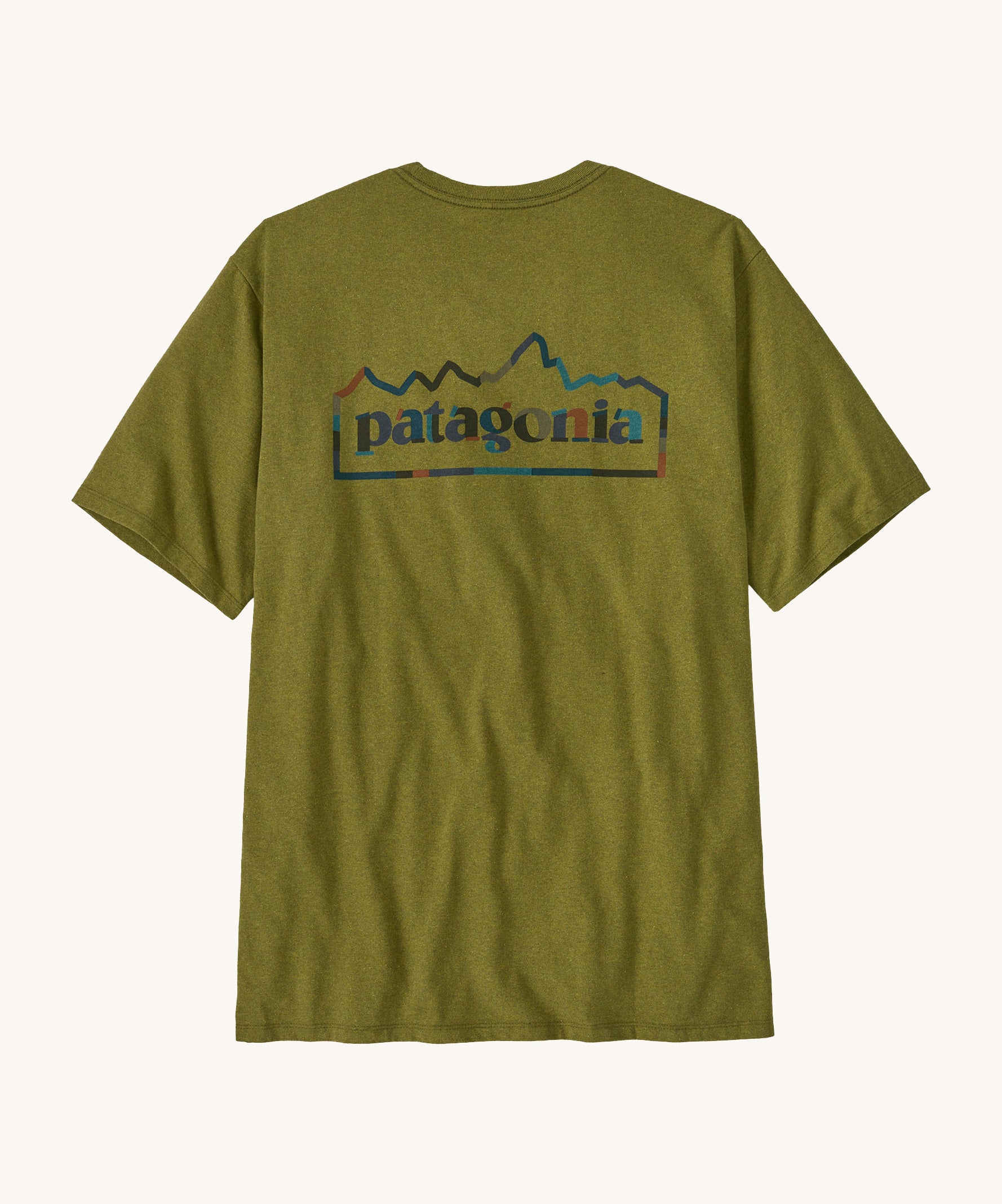 Patagonia men's unity fitz short sleeve top in a green colour on a cream background.