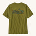 Patagonia men's unity fitz short sleeve top in a green colour on a cream background.