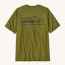 Patagonia men's unity fitz short sleeve top in a green colour on a cream background.