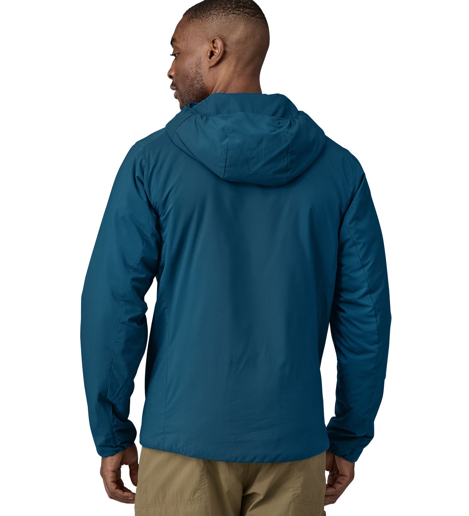 Patagonia mens nano air hoodie in a lagom blue colour back detail