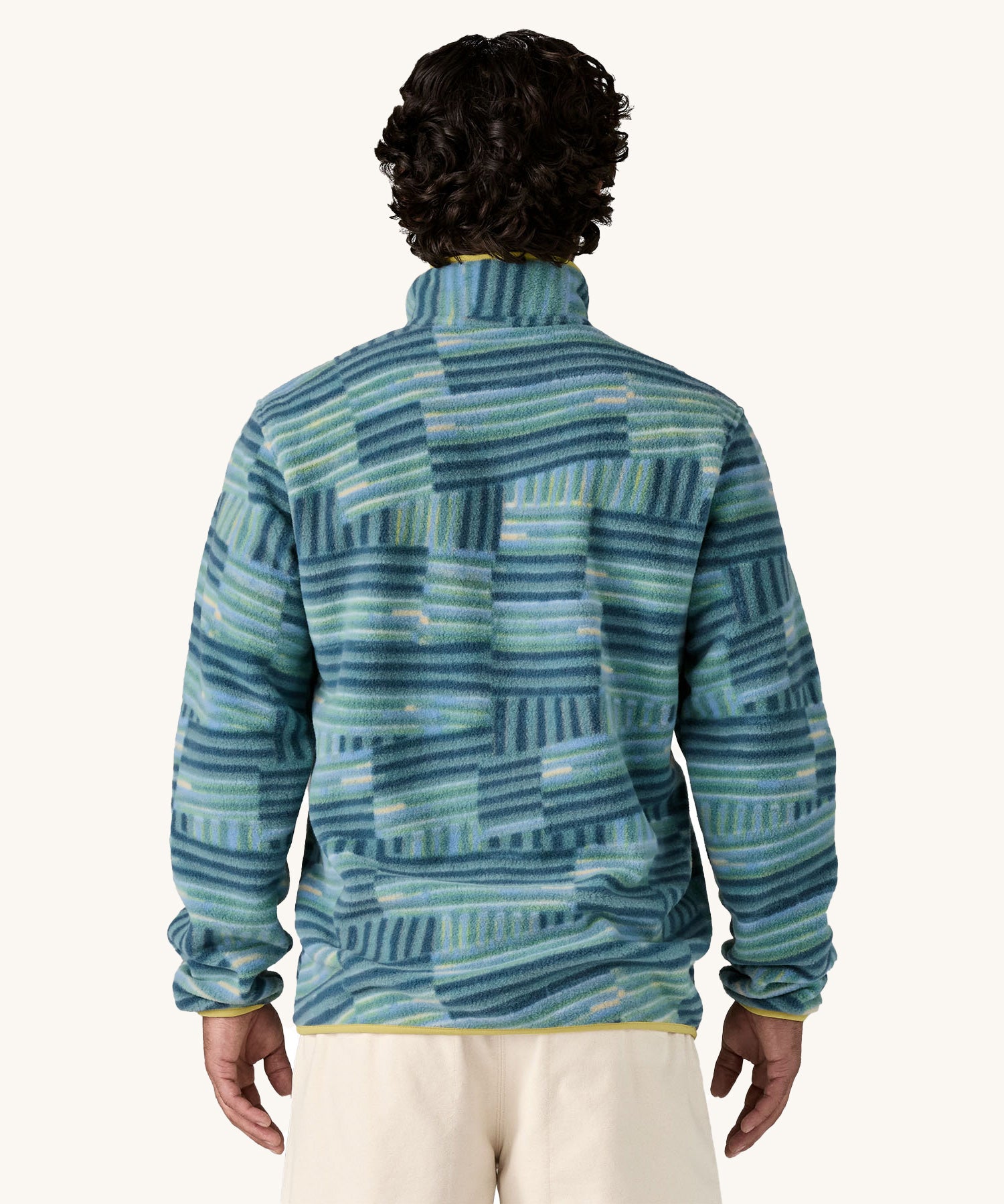 A man wearing the Patagonia Men's Lightweight Synchilla Snap-T Fleece in Quilty Fitz / Wetland Blue. He is facing away from the camera showing the back of the top. 