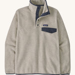 A Patagonia Men's Lightweight Synchilla Snap-T Fleece in a Oatmeal Heather / Smolder Blue colour on a plain background. 