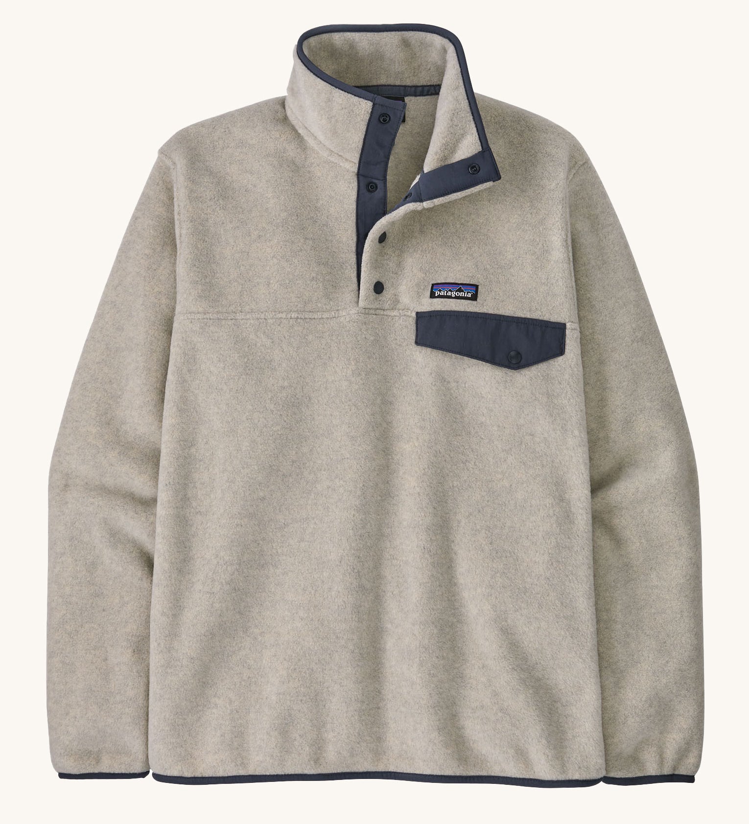 A Patagonia Men's Lightweight Synchilla Snap-T Fleece in a Oatmeal Heather / Smolder Blue colour on a plain background. 