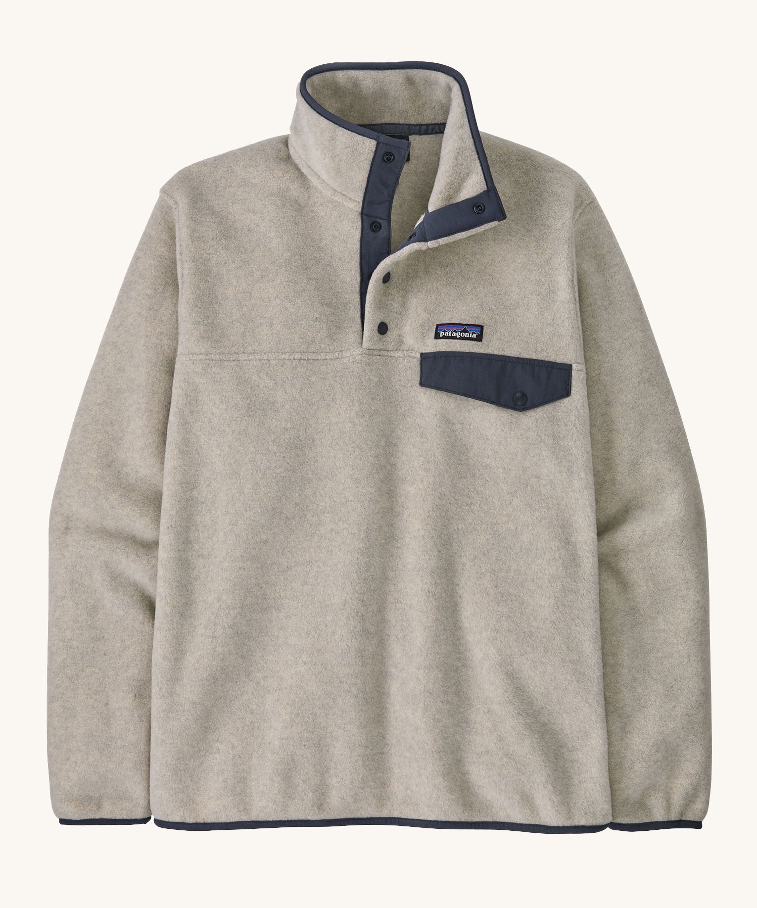 A Patagonia Men's Lightweight Synchilla Snap-T Fleece in a Oatmeal Heather / Smolder Blue colour on a plain background. 