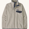 A Patagonia Men's Lightweight Synchilla Snap-T Fleece in a Oatmeal Heather / Smolder Blue colour on a plain background. 