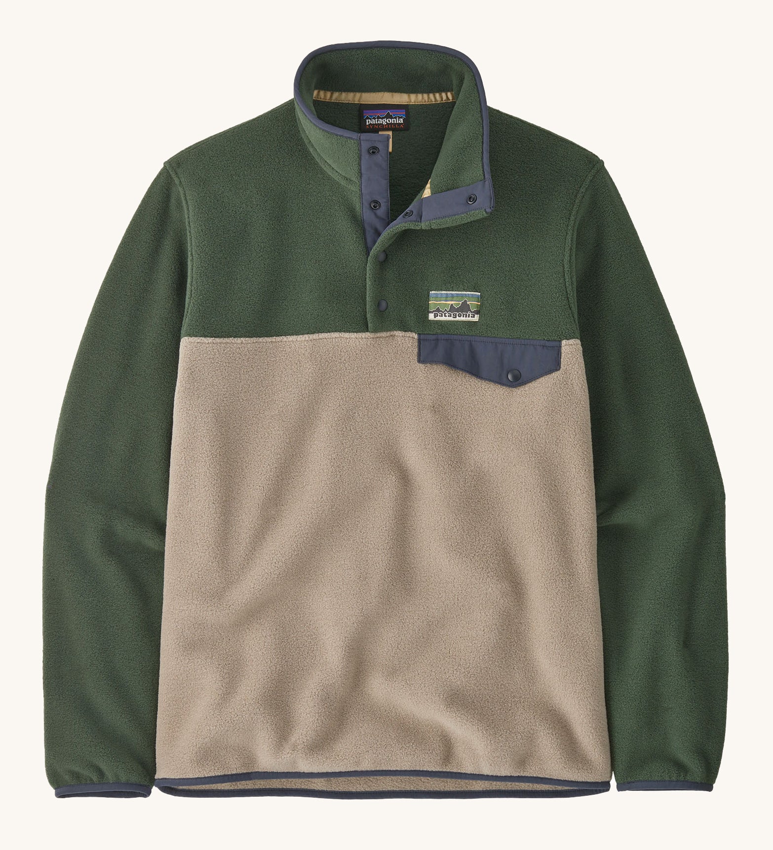 Patagonia Men's Lightweight Synchilla Snap-T Fleece in a Seabird Grey and green colour. 