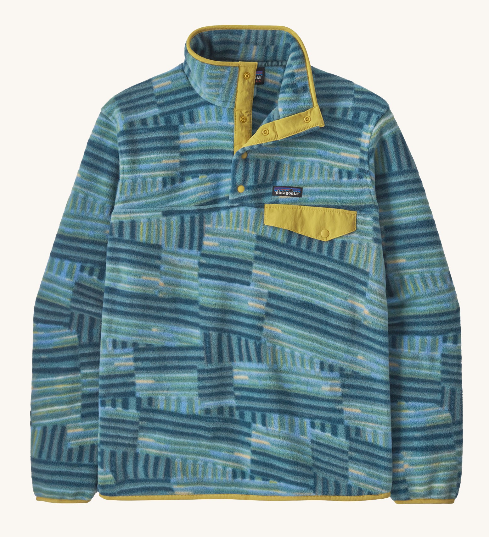 Patagonia Men's Lightweight Synchilla Snap-T Fleece with a Quilty Fitz pattern in a Wetland Blue colour. 