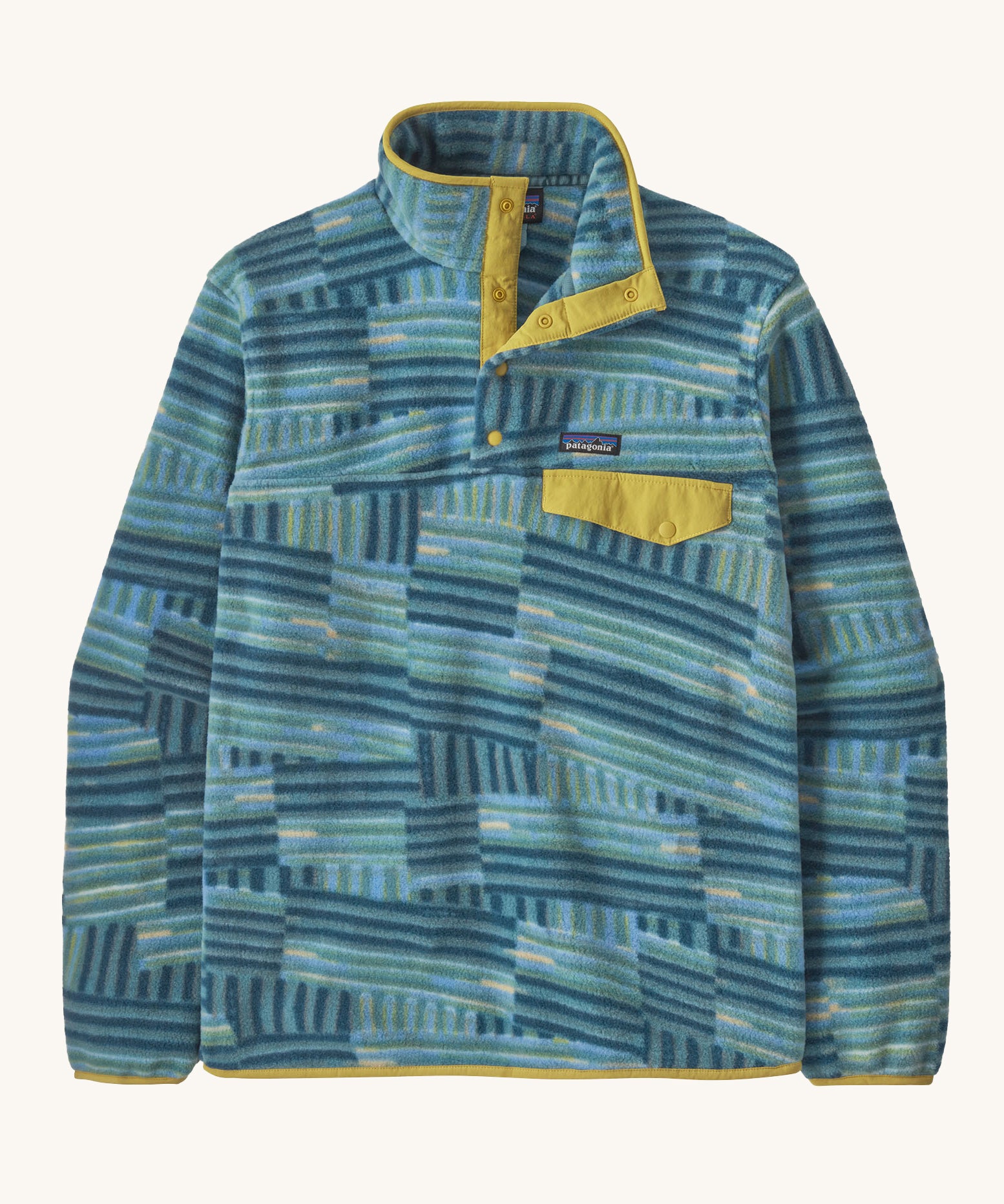 Patagonia Men's Lightweight Synchilla Snap-T Fleece with a Quilty Fitz pattern in a Wetland Blue colour. 