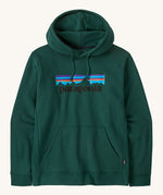 Patagonia Adult P-6 Logo Uprisal Hoody in a cascade green. A thick hooded pull over with a drawstring to adjust the hood size and a pouch pocket on the front. Features a brand patch printed on the front.