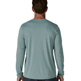 Back of man wearing Patagonia men's long sleeved capilene cool daily tshirt in sage blue. T-shirt has a relaxed fit 