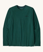 A view of the front of a Patagonia Men's Long Sleeved Responsibili-Tee featuring a small P-6 Logo on the lest chest area on a Cascade Green colour. 