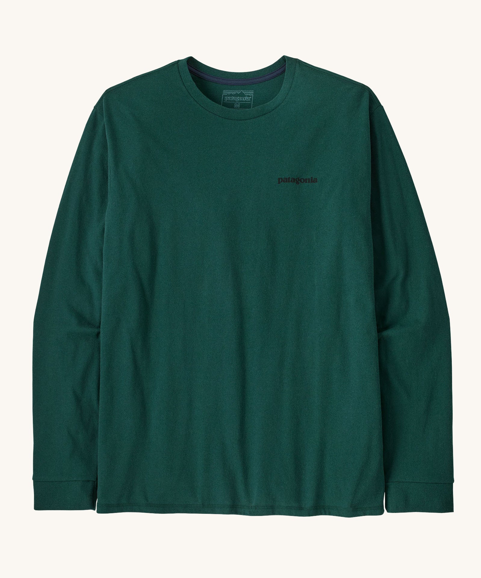 A view of the front of a Patagonia Men's Long Sleeved Responsibili-Tee featuring a small P-6 Logo on the lest chest area on a Cascade Green colour. 