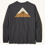 Patagonia men's driftways organic t-shirt. A long sleeve top in black with brand name shaped as a mountain printed in the front with patterns on each sleeve.