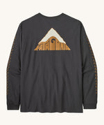 Patagonia men's driftways organic t-shirt. A long sleeve top in black with brand name shaped as a mountain printed in the front with patterns on each sleeve.