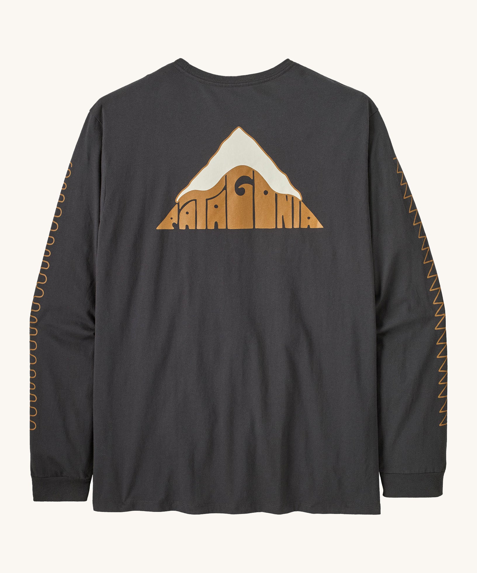 Patagonia men's driftways organic t-shirt. A long sleeve top in black with brand name shaped as a mountain printed in the front with patterns on each sleeve.